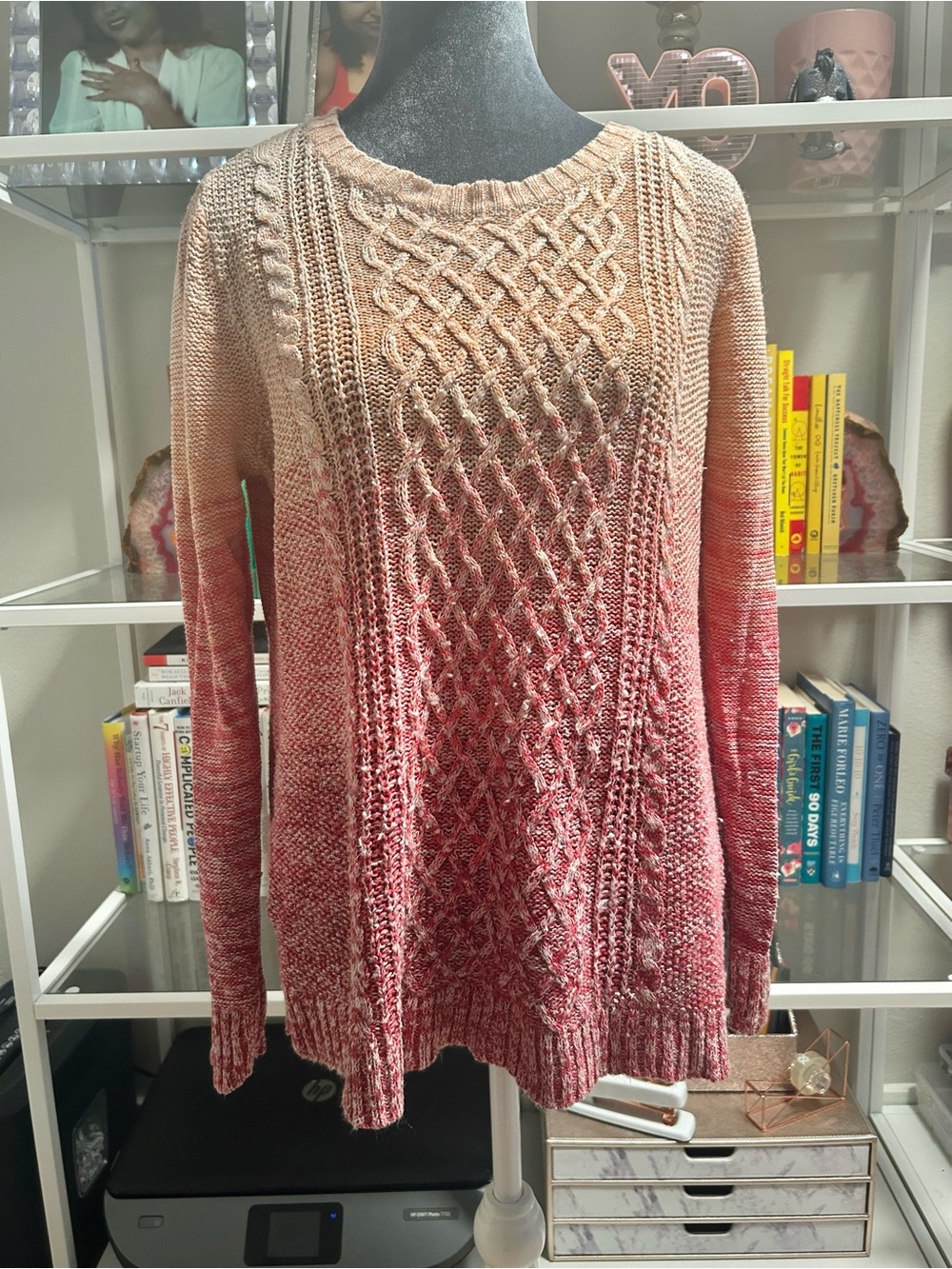 St. John Bay Gradient Cable-Knit Crewneck Sweater - Peach & Pink